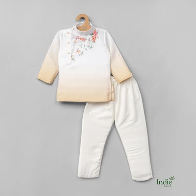 Floral Bird Printed Side Placket White Kurta With Pant