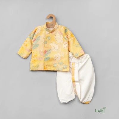 Floral Embroidered Golden Kurta With Dhoti