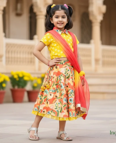 Yellow Floral Printed Collar Top And Pleated Lehanga