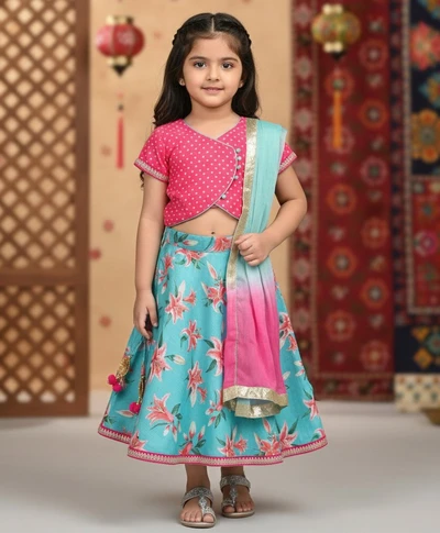 Pink Floral Printed Top And Blue Pleated Lehanga