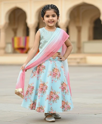 Blue Floral Rose Printed Skirt And Pleated Lehanga
