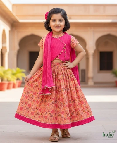 Pink Floral Printed Top And Orange Pleated Lehanga