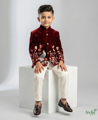 White Peacock Embroidered Red Velvet Kurta With Beige Pant