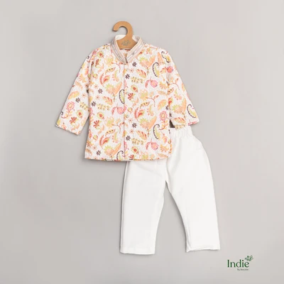 Multicolored Printed White Kurta With Pant