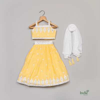 White Lace Embroidered Yellow Top And Skirt Choli