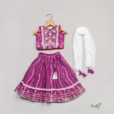 Printed Indigo Top And Skirt Choli