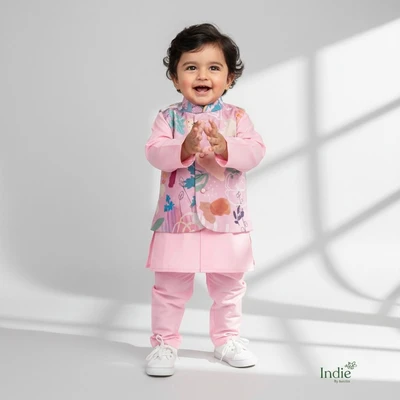 Pink Kurta With Multifloral Printed Jacket And Pant