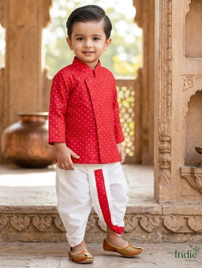 Golden Polka Embroidered Red Short Kurta With Dhoti