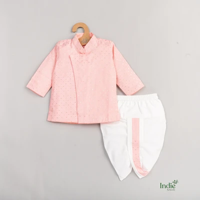 Baby Pink Embroidered Short Kurta With Dhoti