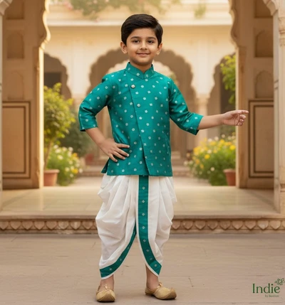 Embroidered Mirrorwork Green Short Kurta with Dhoti