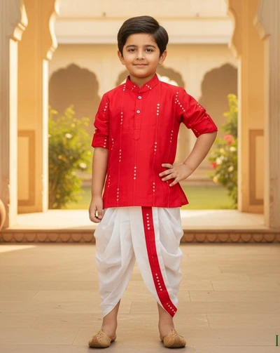 Vertical Embroidered Mirrorwork Dark Pink Short Kurta with Dhoti