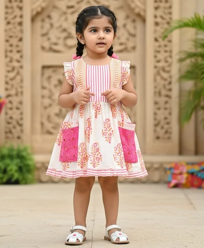 Vertical Pink Stripes And Flower Hakoba pocket dress with Tie-Back
