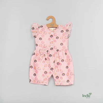 Pink Lotus With Peacock  Cap Sleeve With Bow