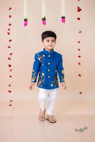 Golden Floral Embroided Blue Kurta With White Pant