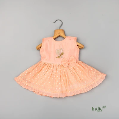 Creamy Peach Peacock Emberoided Sleeveless Tie Up Frock