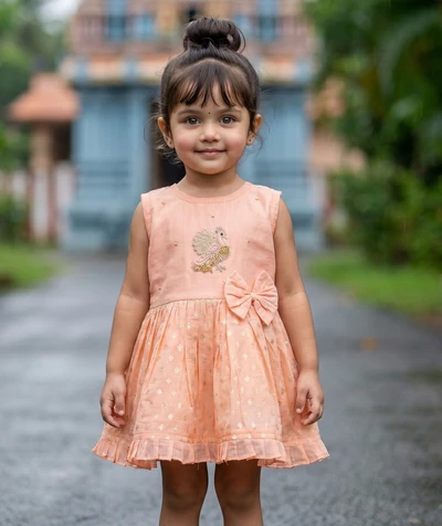 Creamy Peach Peacock Emberoided Sleeveless Tie Up Frock