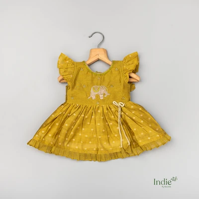 Golden Olive Elephant Emberoided Cap Sleeve Tie Up Frock