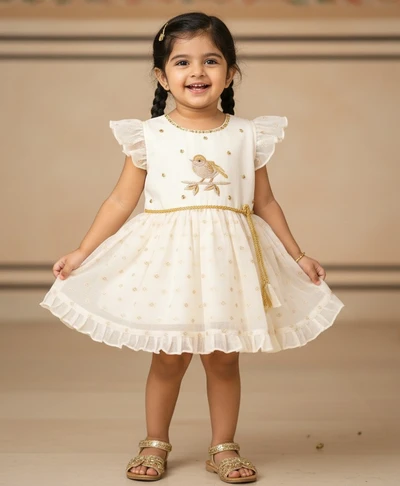 Off-White Golden Bird Emberoided Cap Sleeve Tie Up Frock