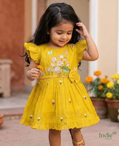 Lemon Yellow Leafy Floral Emberoided Cap Sleeve Tie Up Frock