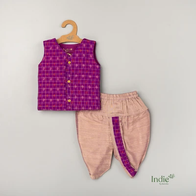 Violet Silk Ikkat V-Neck Jabla And Panjakajam
