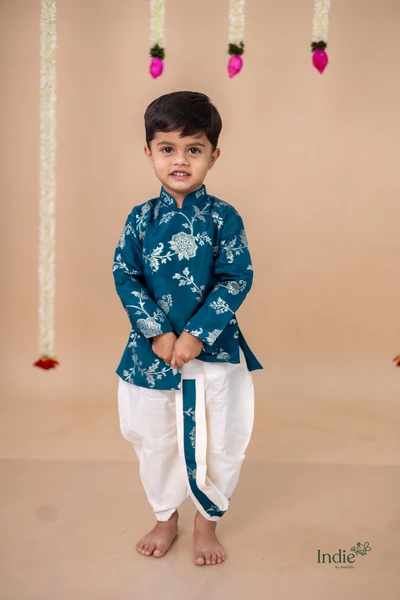 Golden Floral Printed Peacock Green Short Kurta With Dhoti