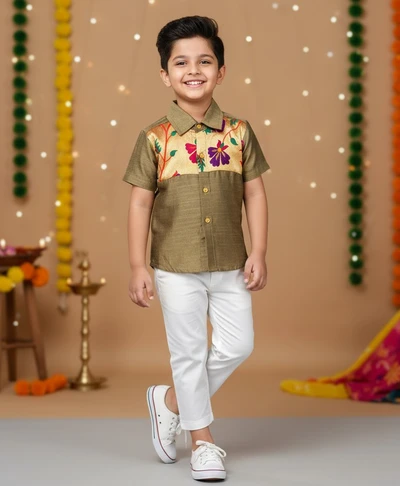 Olive Raw Silk Shirt with Paithani Patch