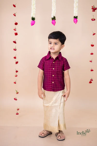 Wine Raw Silk Shirt with Zari Check Pattern