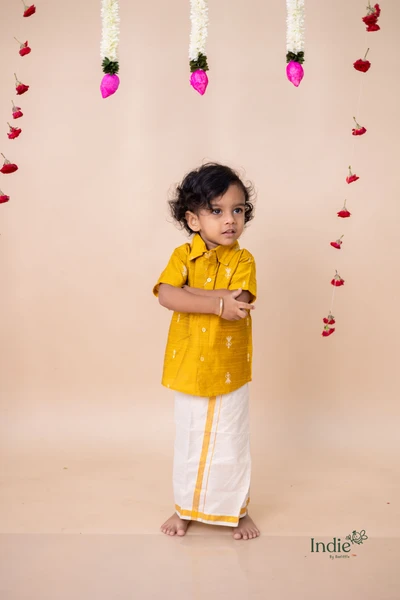 Mustard Raw Silk Shirt with Doll Jacquard Butta