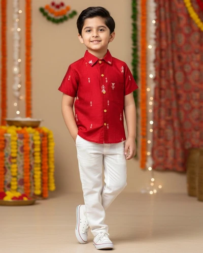 Red Raw Silk Shirt with Doll Jacquard Butta