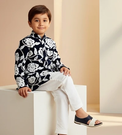 Navy Blue Kurta With White Floral Embroidery And Pearl Accents Paired With White Pant
