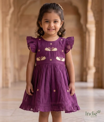 White Swan Embroidered Purple Cap Sleeve Tie-Up Frock