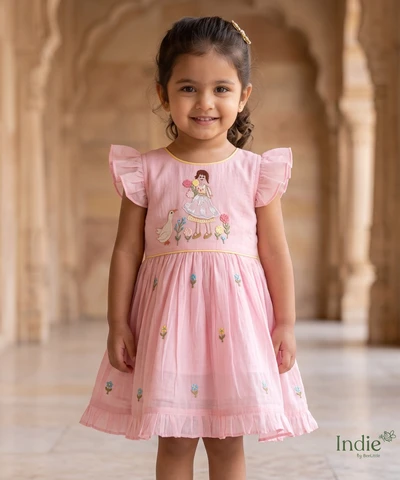 Girl With Duck Embroidered Baby Pink Frill Sleeve Tie-Up Frock