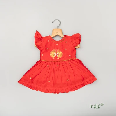 Dual Peacock Motif Embroidered Red Frill Sleeve Tie-Up Frock