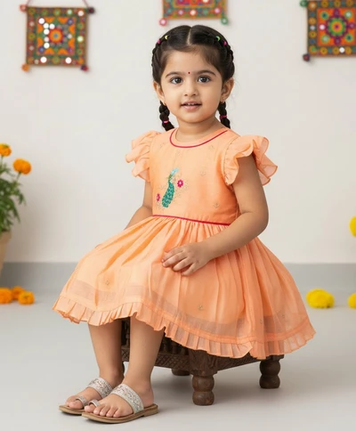 Peacock Embroided Peach Frill Sleeve Tie-Up Frock