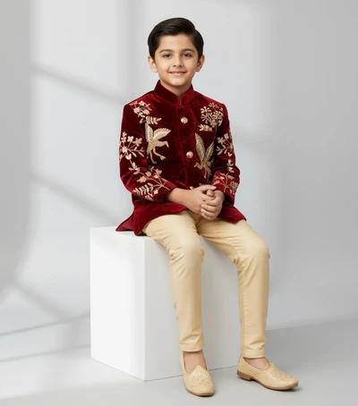 Golden Bird Embroidered Red Velvet Kurta With Beige Pant