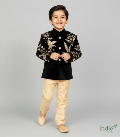 Golden Bird Embroidered Black Velvet Kurta With Beige Pant
