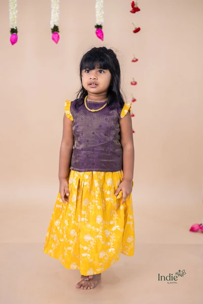 Purple Top And Golden Embroidered Yellow Skirt Choli
