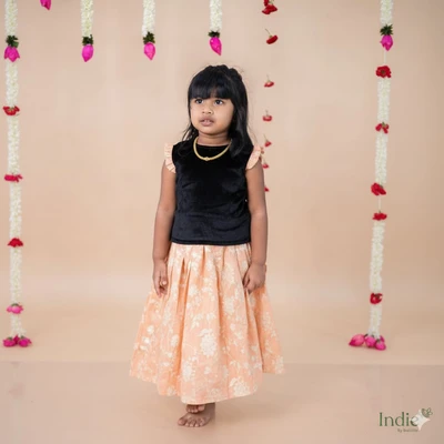 Black Velvet Top And Golden Embroidered Pink Skirt Choli