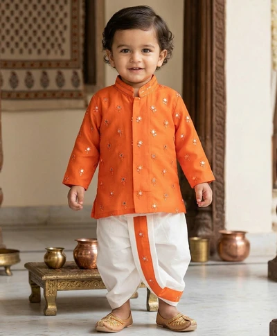 Orange Sequence Work Short Kurta With Dhoti