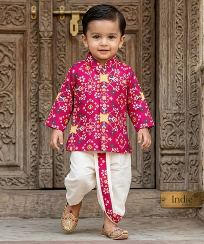 Rani Pink Printed Short Kurta With Dhoti