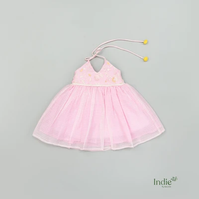 Baby Pink Kota Doria Alter Neck Frock