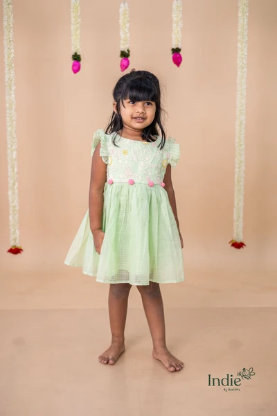 Green Kota Doria Embroidered Pom Pom Frock