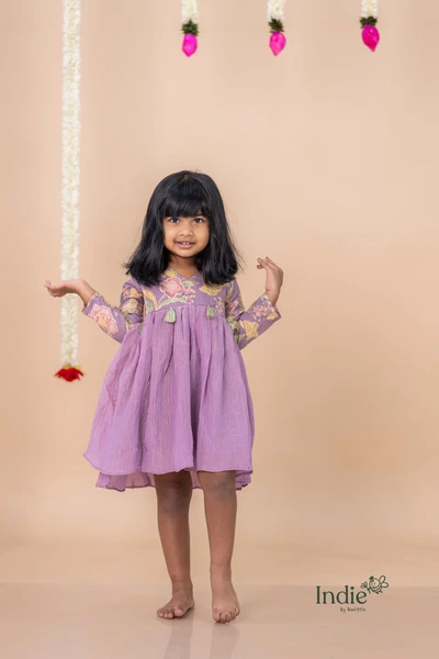 Purple Floral Crushed Tissue Frock With Full Sleeve