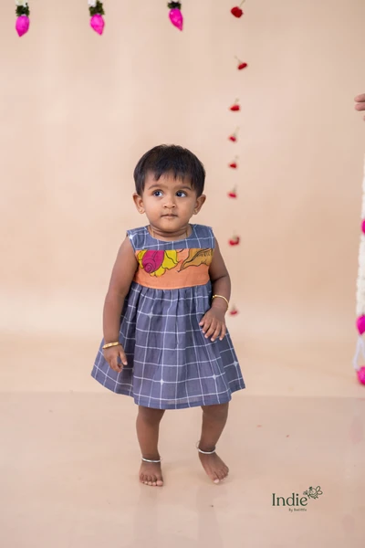 Dark Grey Checked Jamdani With Kalamkari Yoke Frock