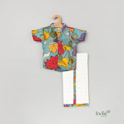 Blue Pen Kalamkari Shirt With Checked Dhoti Set