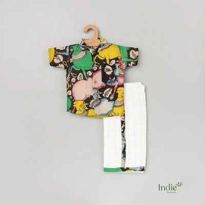 Black Pen Kalamkari Shirt With Checked Dhoti Set