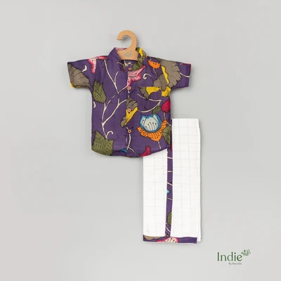 Violet Pen Kalamkari Shirt With Checked Dhoti Set