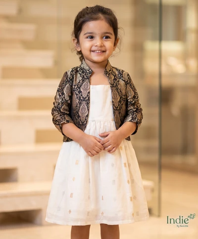 White Raw Silk Butta Dress With Black Brocade Coat