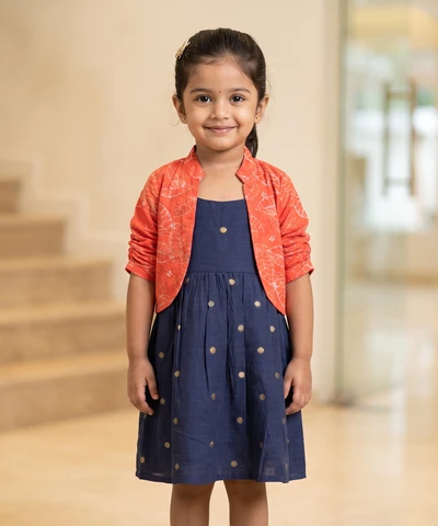 Navy Raw Silk Butta Dress With Orange Organza Coat