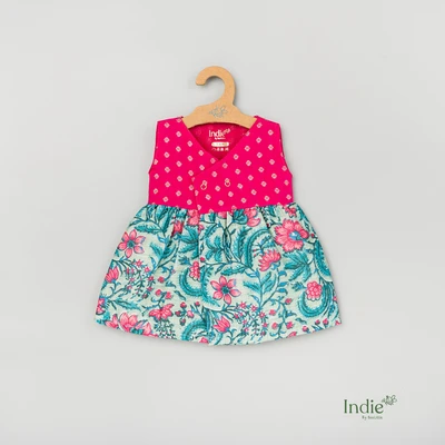 Pink And Green Tussar Kimono Frock